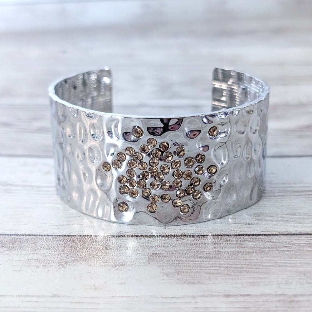 Chunky Silver Tone Cuff Bracelet with Bronze Tone Gems Statement